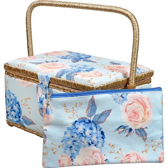 SINGER&#xAE; Large Blue Hydrangeas Print Sewing Basket with Matching Zipper Pouch